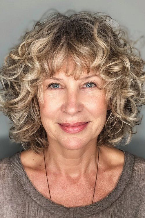 Short wolf cut for women over 60 - blonde curly wolf with bangs, brown top, front view