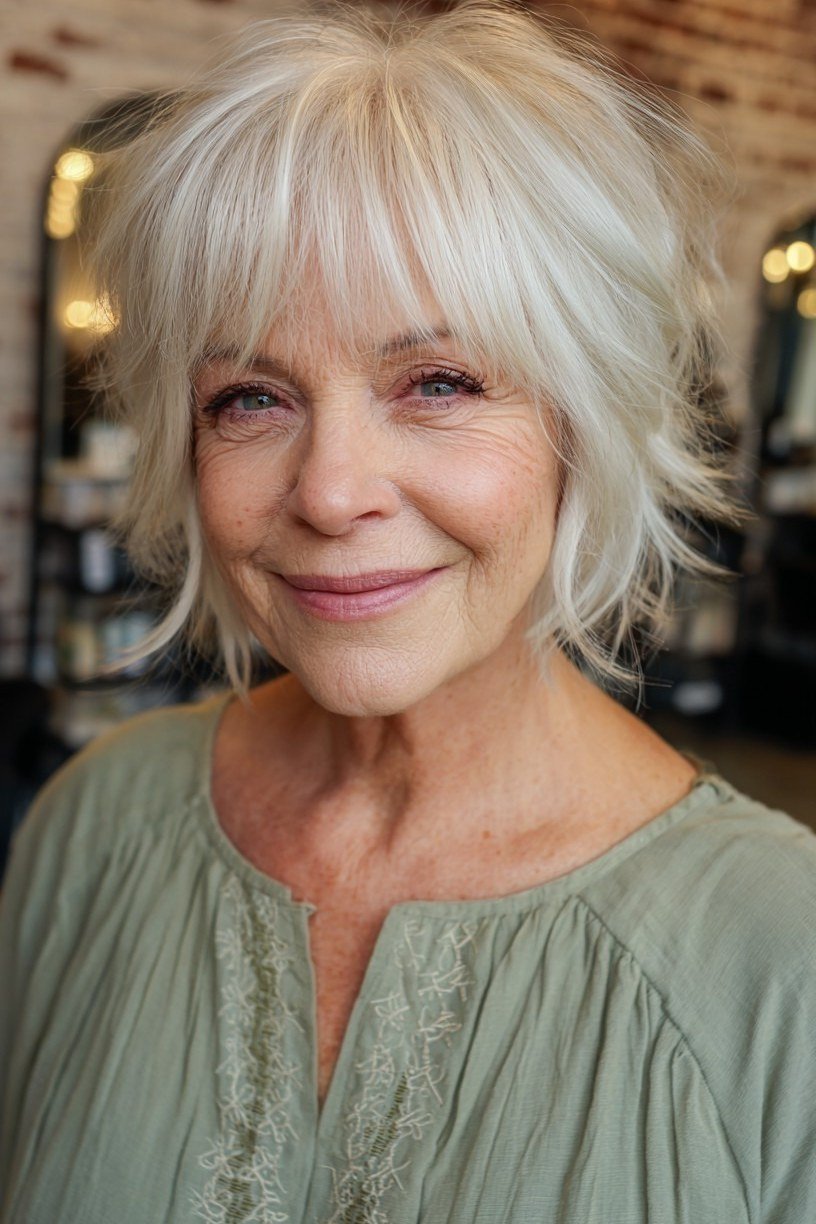 Short wolf cut for women over 60 - white shaggy wolf with fringe, green top, front view