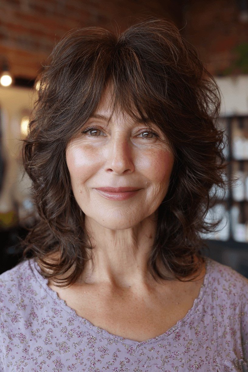 Short wolf cut for women over 60 - dark wolf with full bangs, purple top, front view