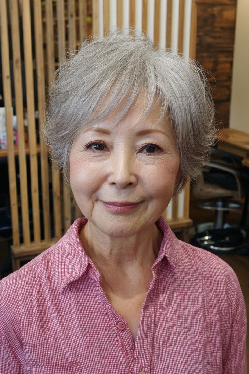 Short wolf cut for women over 60 - silver pixie-wolf, tapered sides, pink shirt, front view