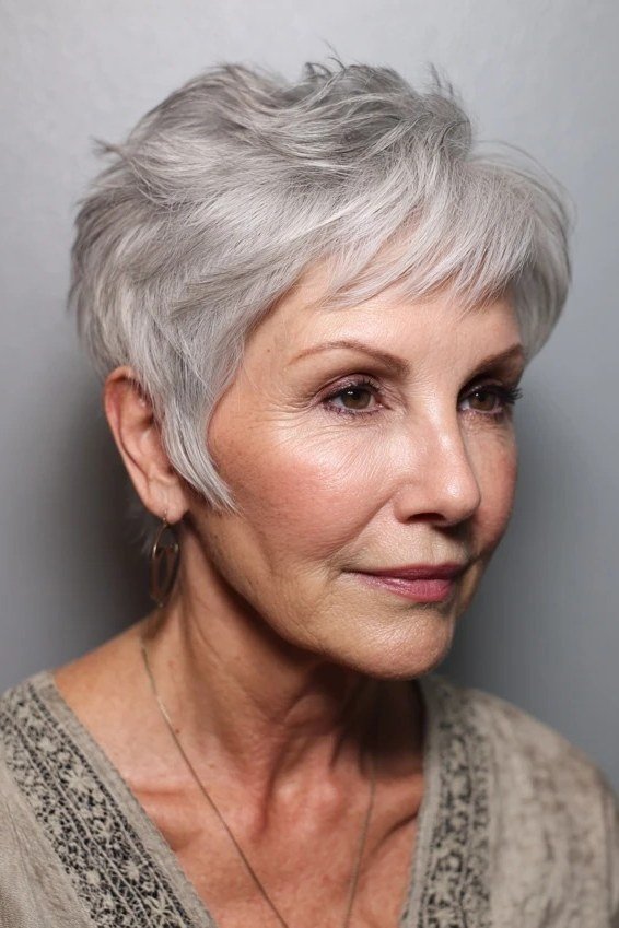 Short wolf cut for women over 60 - gray pixie-wolf, side view