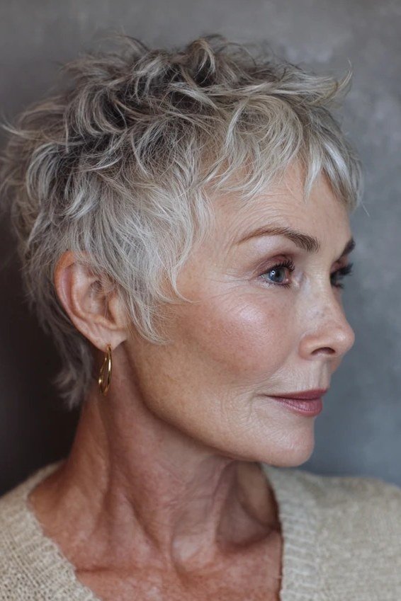Short wolf cut for women over 60 - gray pixie-wolf, spiky texture, side view