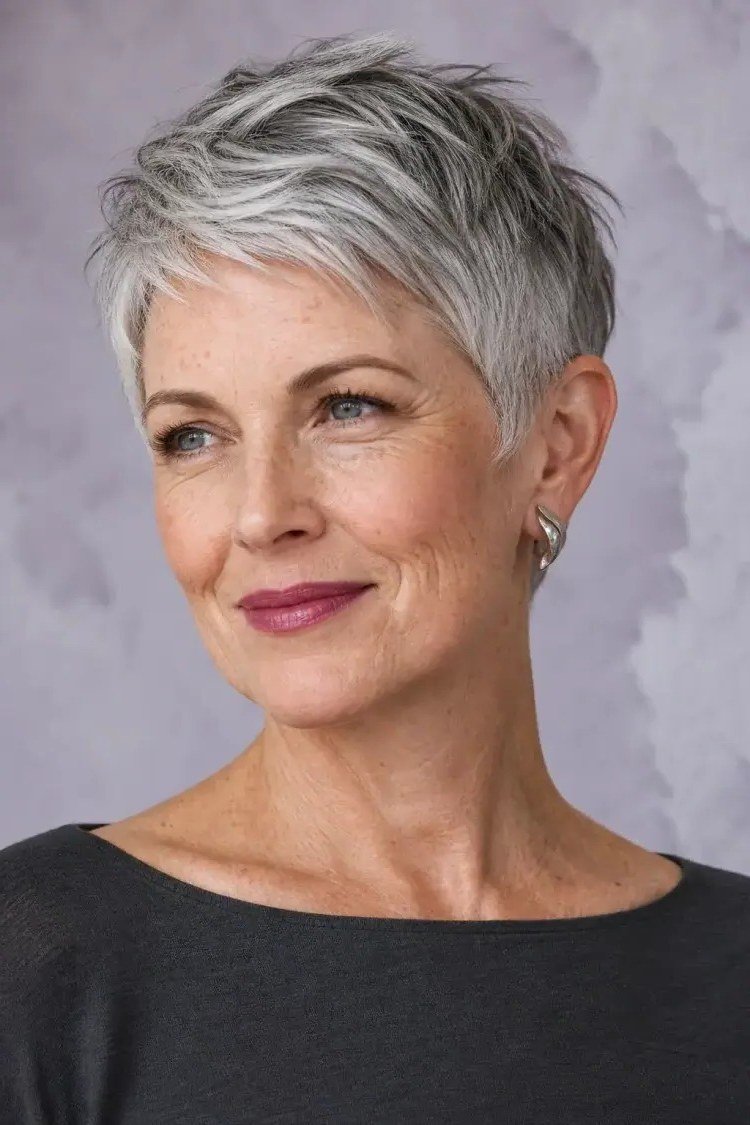 Short wolf cut for women over 60 - silver pixie-wolf, soft layers, dark top, front view