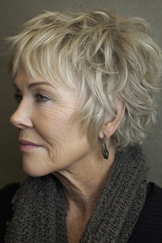 Short wolf cut for women over 60 - blonde shaggy wolf, feathered layers, gray scarf, side view