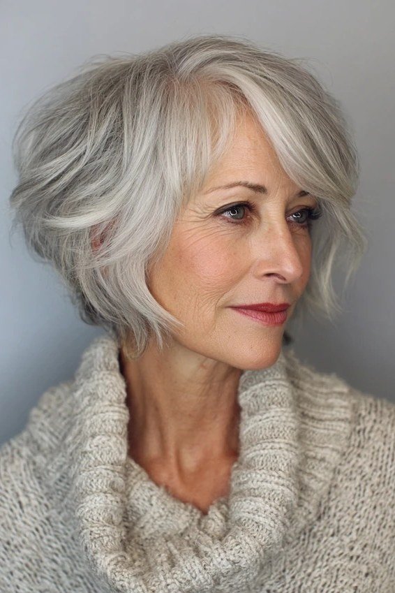 Short wolf cut for women over 60 - silver shaggy wolf, cream sweater, side view
