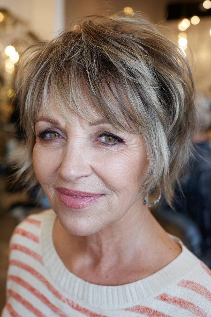 Short wolf cut for women over 60 - ash-brown wolf with bangs, striped top, front view