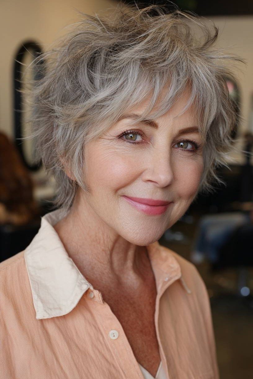 Short wolf cut for women over 60 - silver shaggy wolf, peach shirt, front view