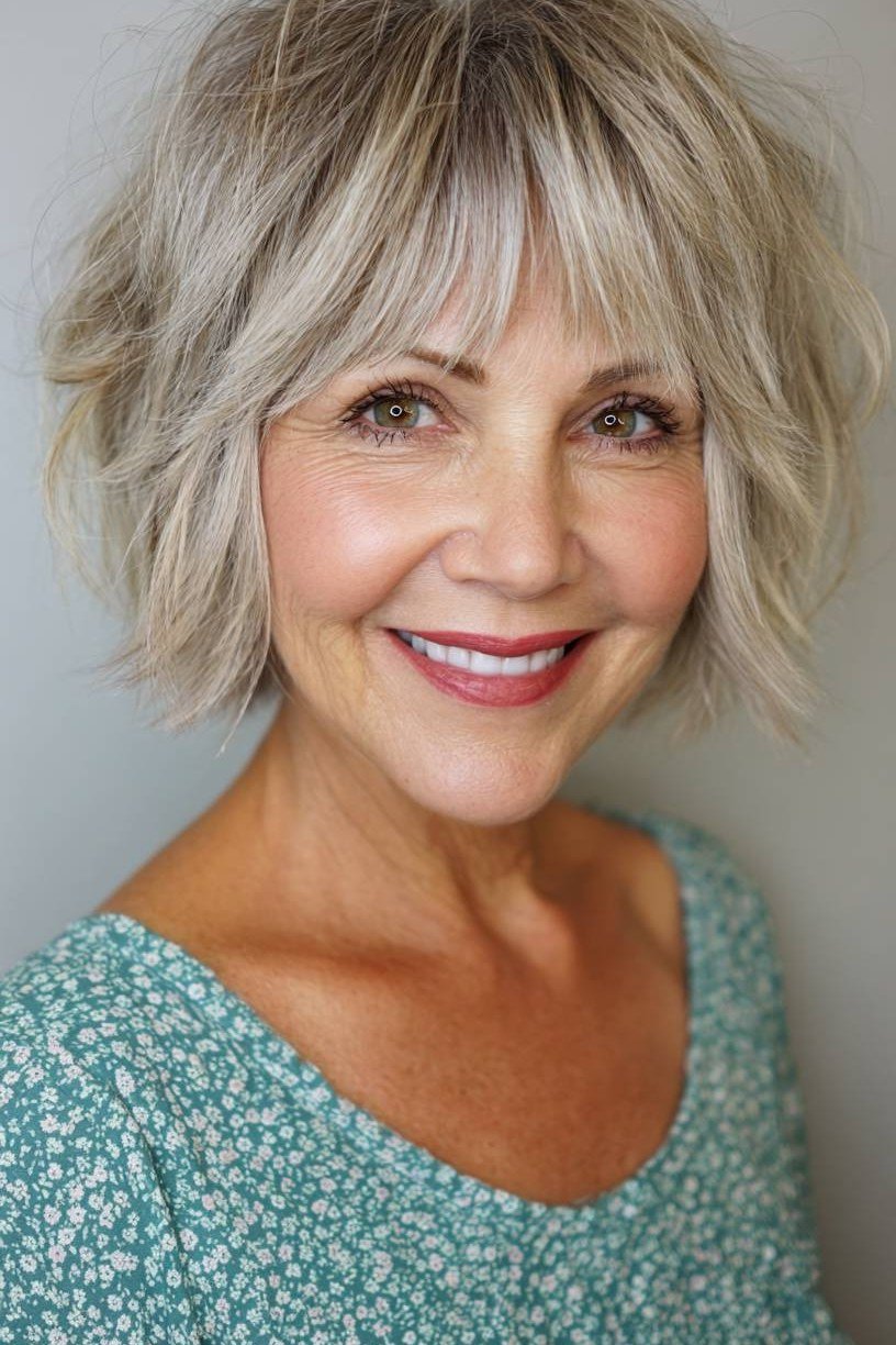 Short wolf cut for women over 60 - blonde shaggy wolf, soft layers, green floral top, front view