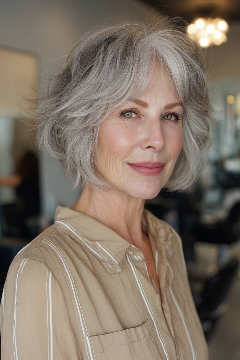 Short wolf cut for women over 60 - gray shaggy wolf, beige striped shirt, side view