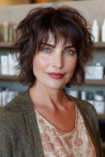 Short wolf cut for women over 60 - dark brunette wolf with bangs, green cardigan, front view
