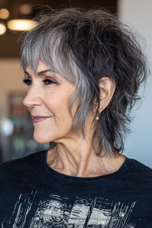 Short wolf cut for women over 60 - dark gray shaggy wolf, black top, side view