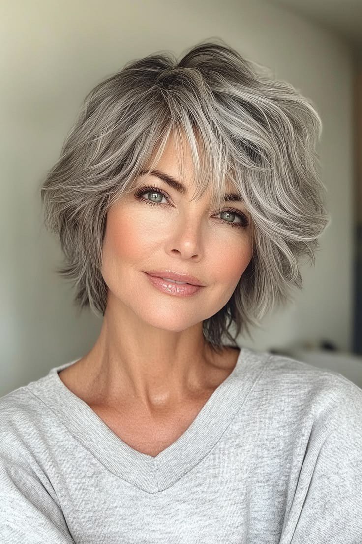 Short wolf cut for women over 60 - gray shaggy wolf with fringe, gray top, front view