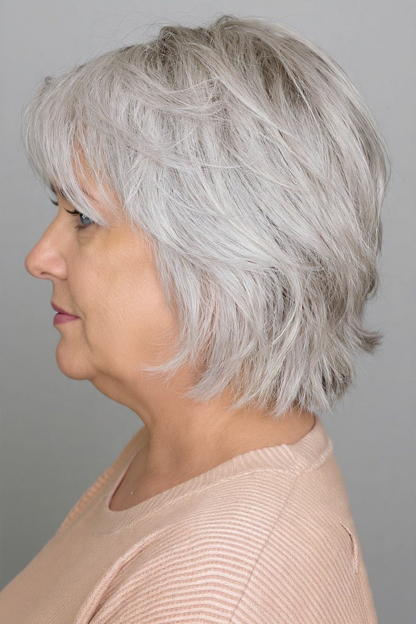 Short wolf cut for women over 60 - white shaggy bob-wolf, peach top, side view