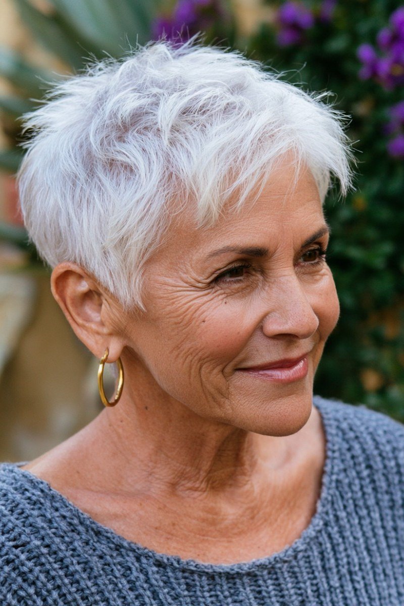 Short wolf cut for women over 60 - white cropped pixie-wolf, blue sweater, outdoor, side view
