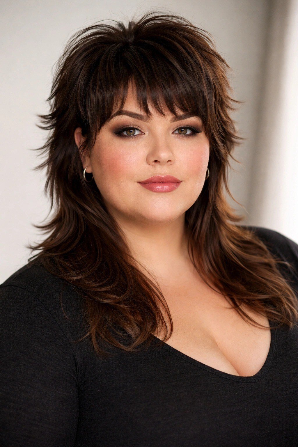 Short wolf cut for women over 60 - dark wolf cut, choppy layers, black top, front view