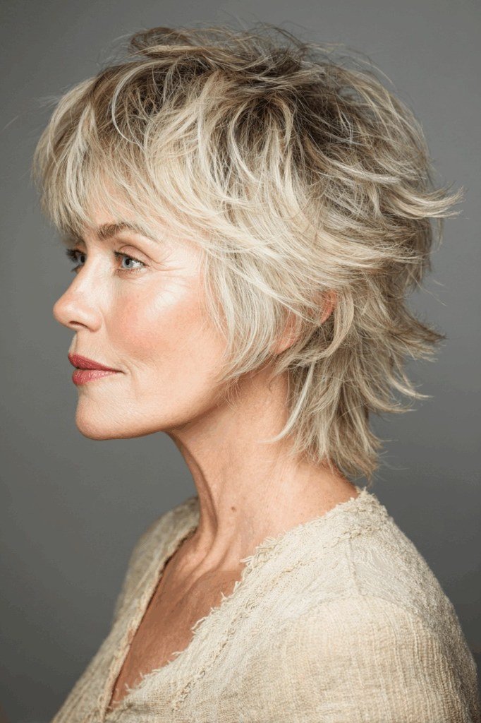 Short wolf cut for women over 60 - blonde short wolf, tapered layers, cream top, side view