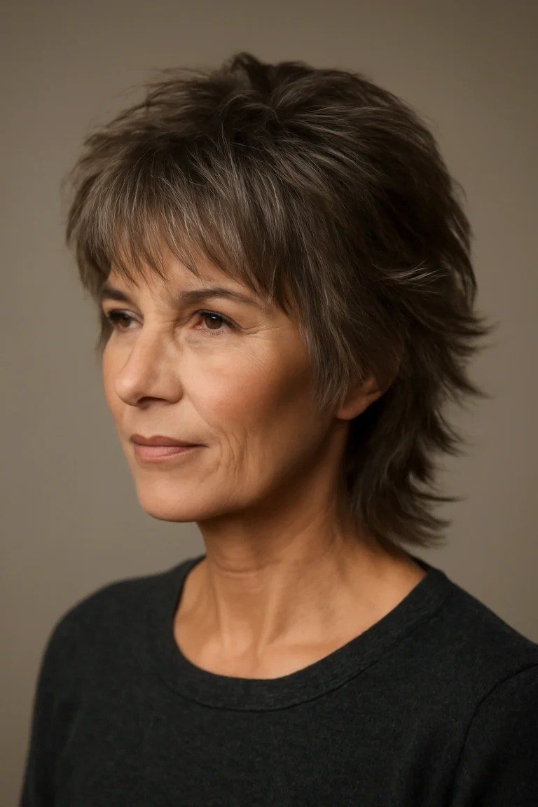 Short wolf cut for women over 60 - dark short wolf, black top, side view