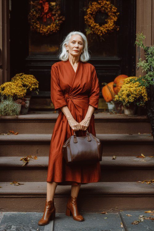 Woman over 60 in a rust wrap midi dress with tie waist and brown boots on a pumpkin-lined porch