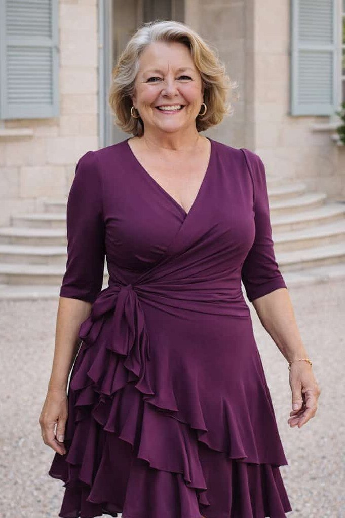 Smiling woman over 60 wearing a purple wrap midi dress with ruffle hem on a porch