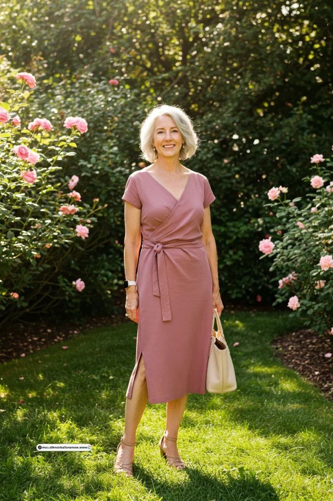 Gray-haired woman over 60 wearing a dusty rose wrap midi dress with side slit in a garden