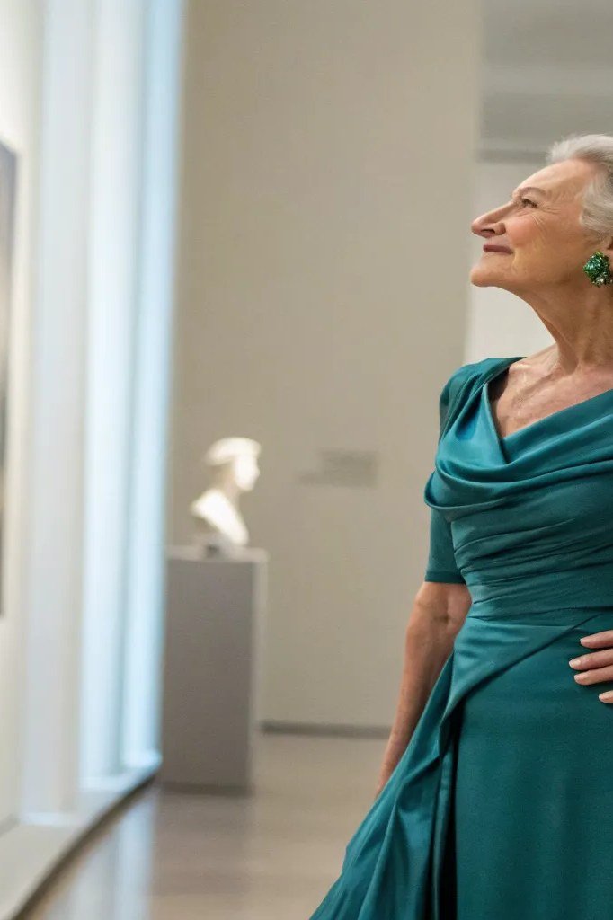 Gray-haired woman over 60 wearing a teal wrap midi dress with sunglasses at a museum