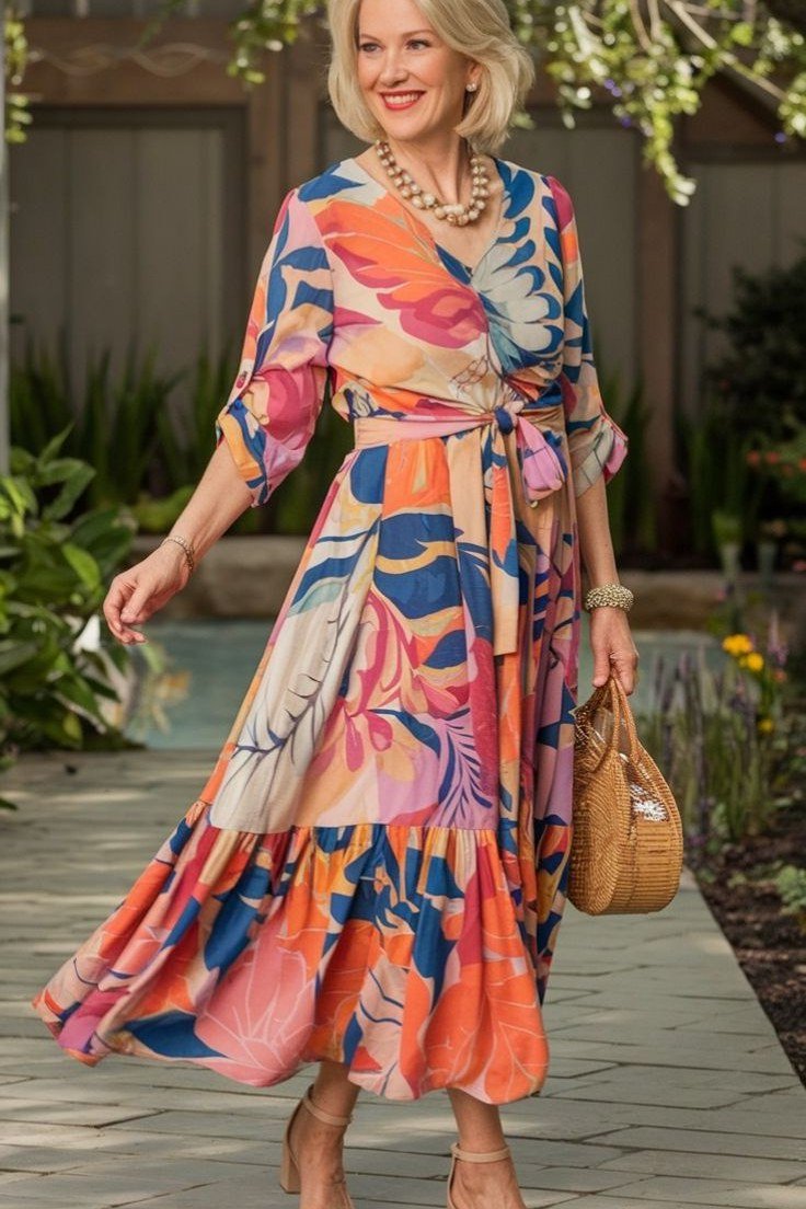 Blonde woman over 60 in a colorful floral wrap maxi dress with belt on a garden path