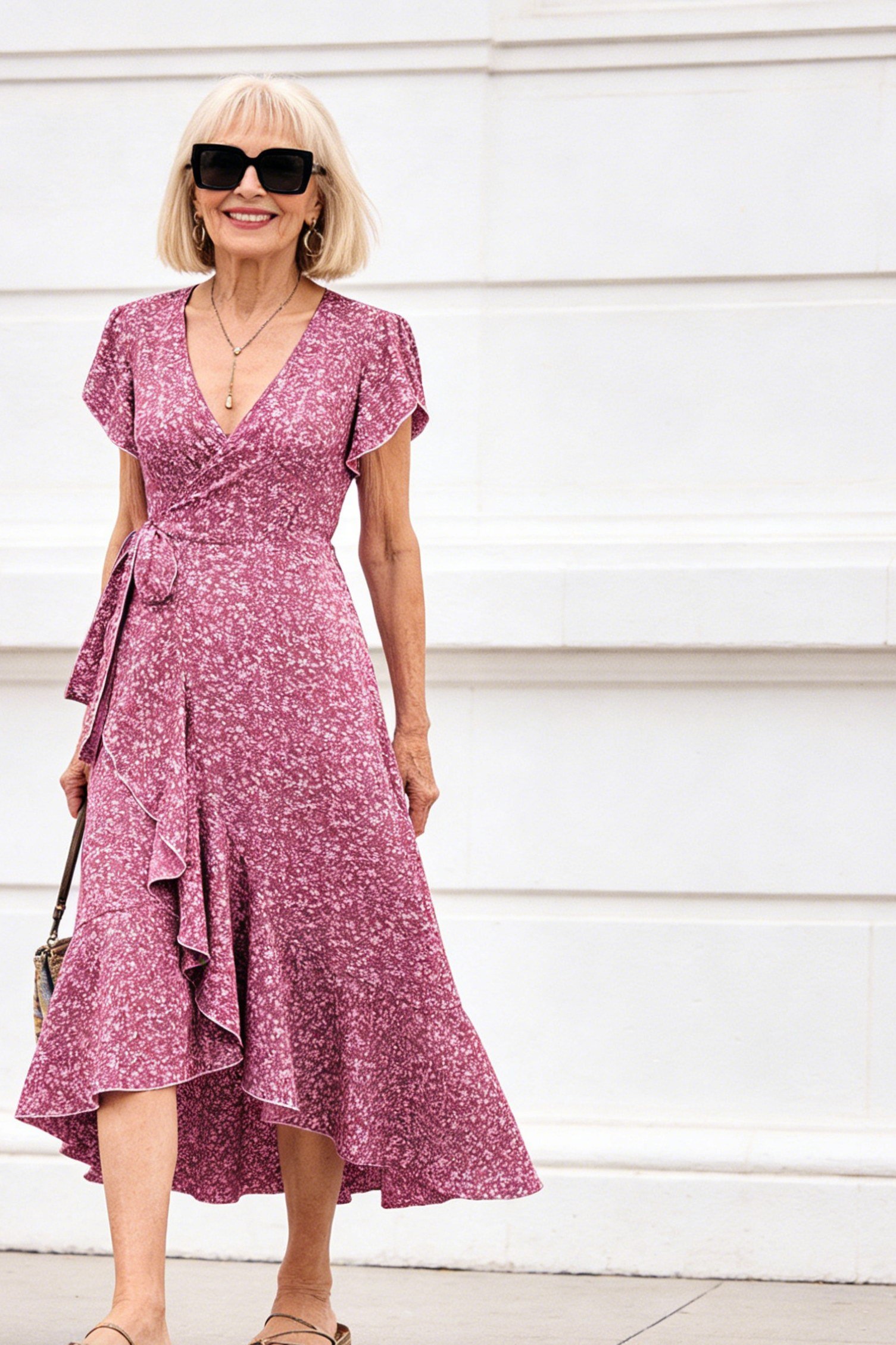Blonde woman over 60 in a pink floral wrap midi dress with ruffle hem and sunglasses