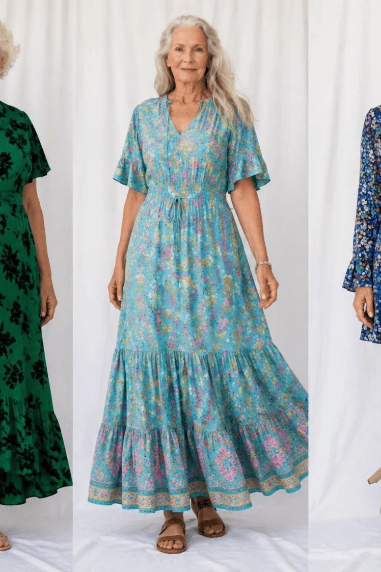Three older women wearing teal paisley, pink floral and green wrap dresses