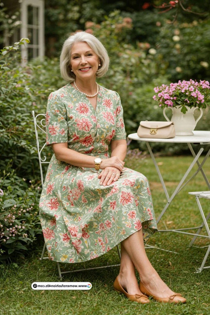 Gray-haired woman over 60 in a green floral wrap midi dress sitting in a garden