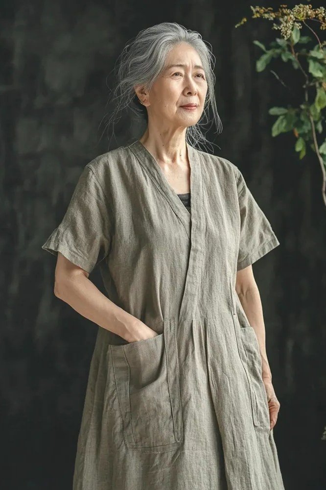 Older Asian woman wearing an olive linen wrap-style midi dress with crossover bodice
