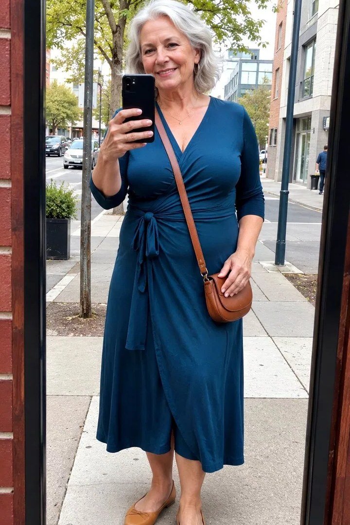 Gray-haired woman over 60 taking a selfie in a navy wrap midi dress with tan crossbody bag