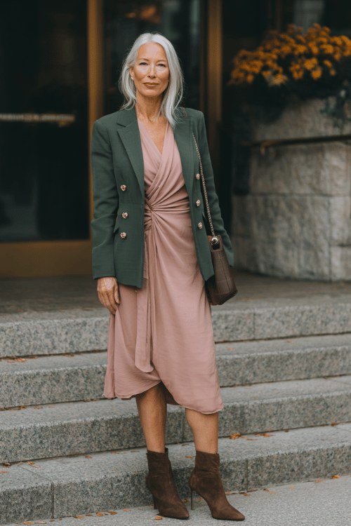 Woman over 60 in a blush wrap dress with green blazer and brown ankle boots on stone steps