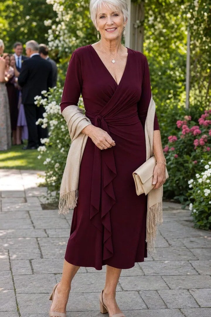 Woman over 60 in a burgundy wrap midi dress with shawl and clutch at a garden party