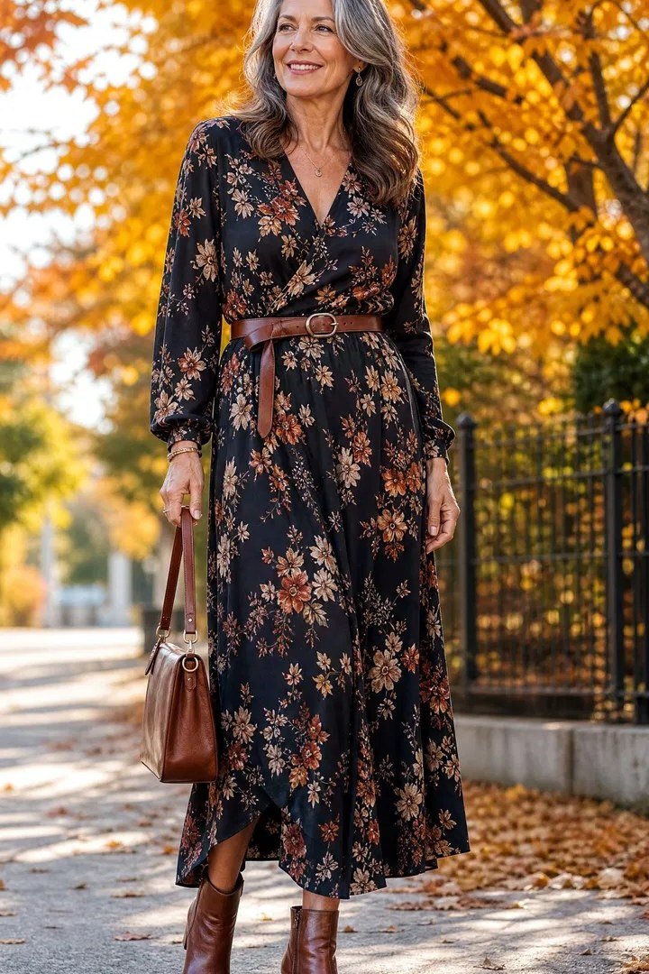 Woman over 60 in a dark floral wrap maxi dress with brown ankle boots on an autumn street