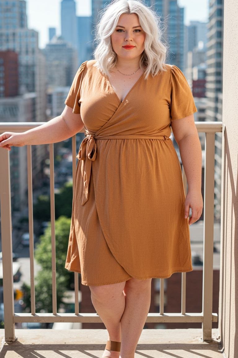 Plus-size woman over 60 in a mustard wrap dress on a city balcony