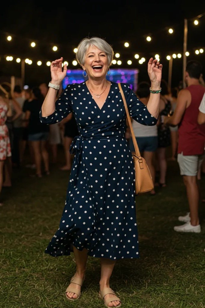 Woman over 60 dancing in a navy polka dot wrap midi dress at an outdoor party
