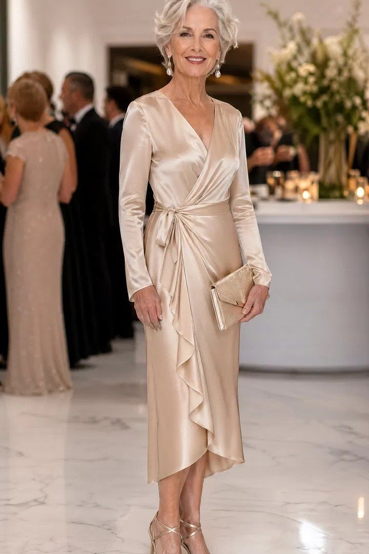 Woman over 60 in a champagne satin wrap midi dress at an evening event