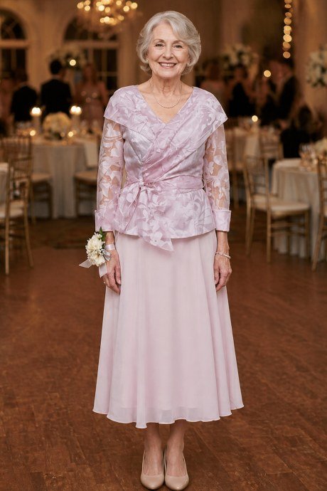 Older woman in a blush lace wrap top with peplum and pleated midi skirt at an event