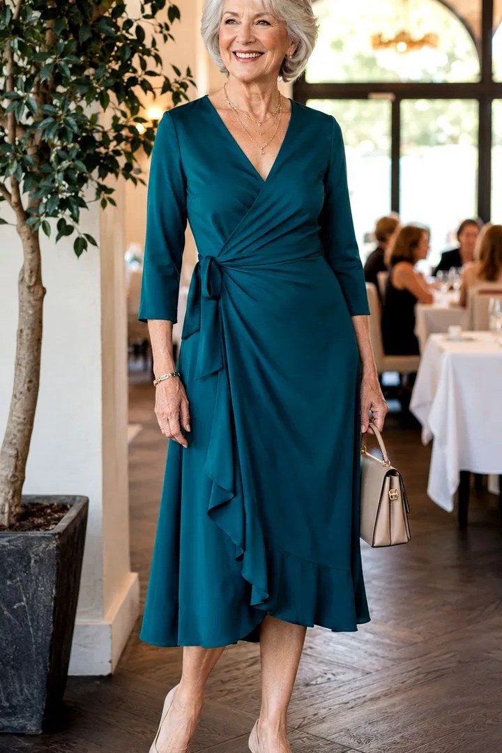 Gray-haired woman over 60 in a teal wrap midi dress with ruffle hem indoors