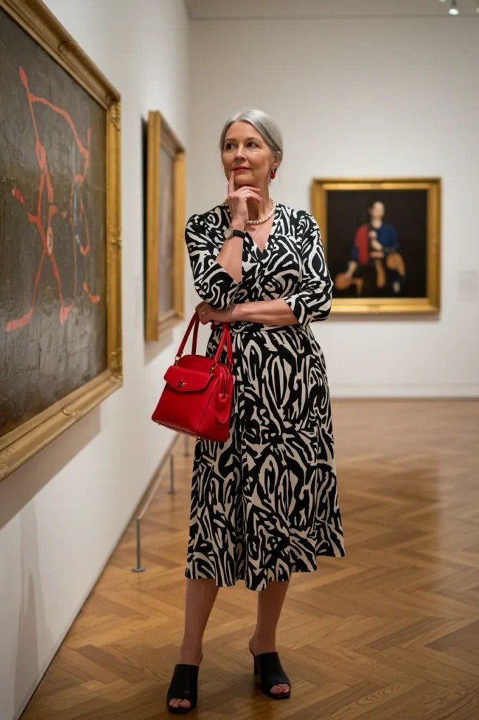 Gray-haired woman over 60 in a zebra print wrap midi dress with red handbag at a museum