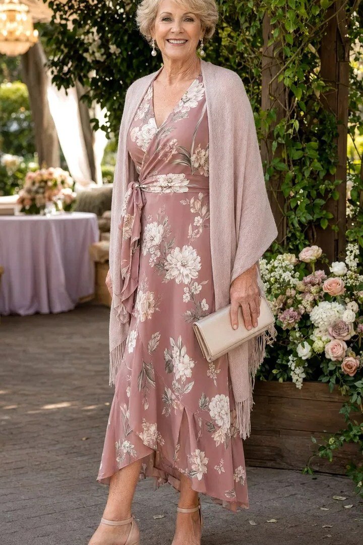 Blonde woman over 60 in a dusty pink floral wrap midi dress with shawl at a garden event