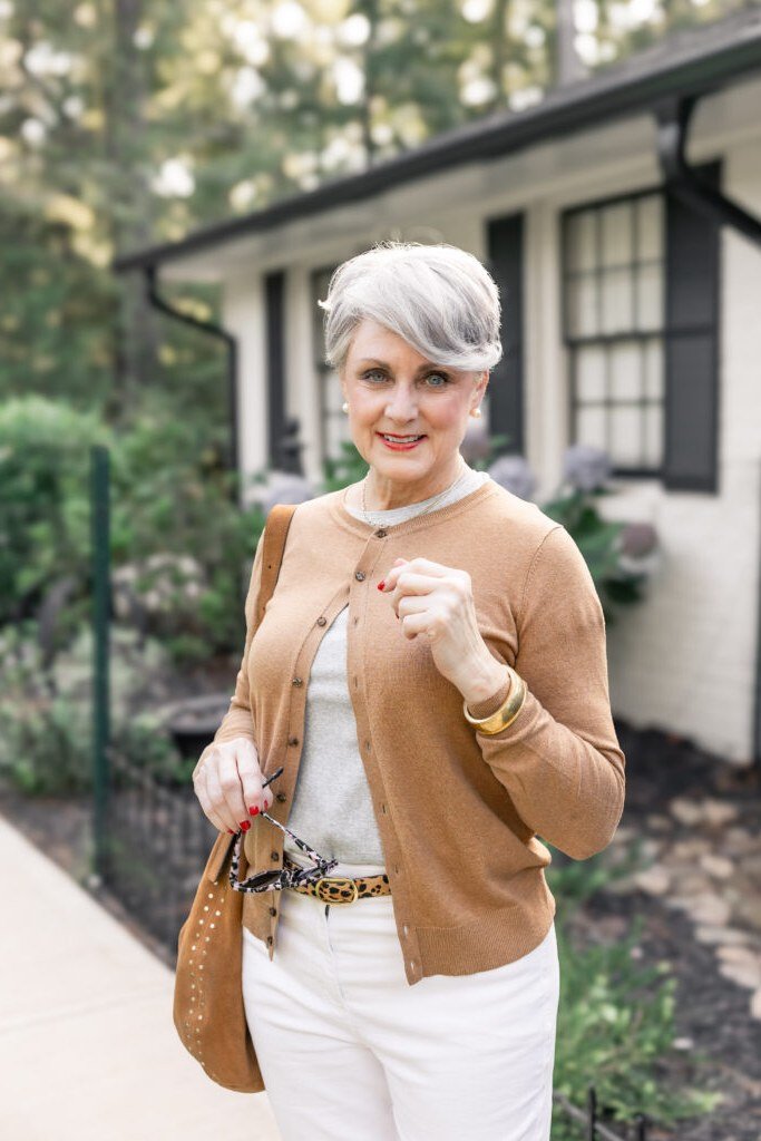 Camel Knit Cardigan with White Jeans - work outfit idea for women over 50