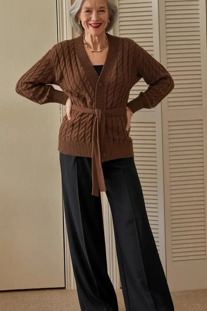 Rust-Brown Tie-Waist Cardigan with Black Trousers - work outfit idea for women over 50