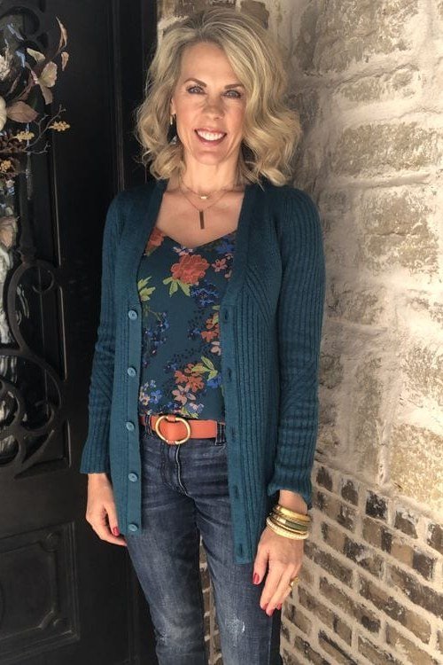 Teal Cardigan with Floral Camisole - work outfit idea for women over 50