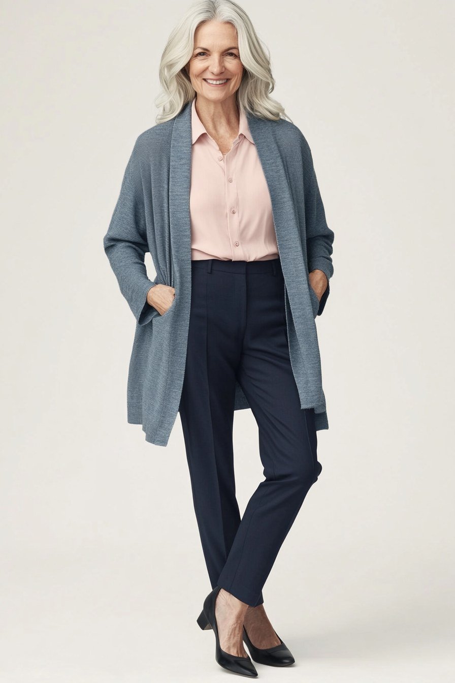 Dusty-Blue Duster Cardigan with Blush Blouse - work outfit idea for women over 50