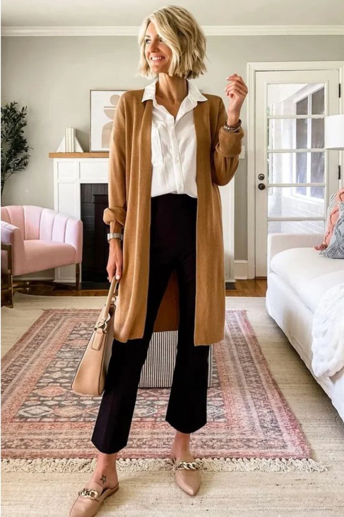 Mustard Cardigan with White Button-Down - work outfit idea for women over 50