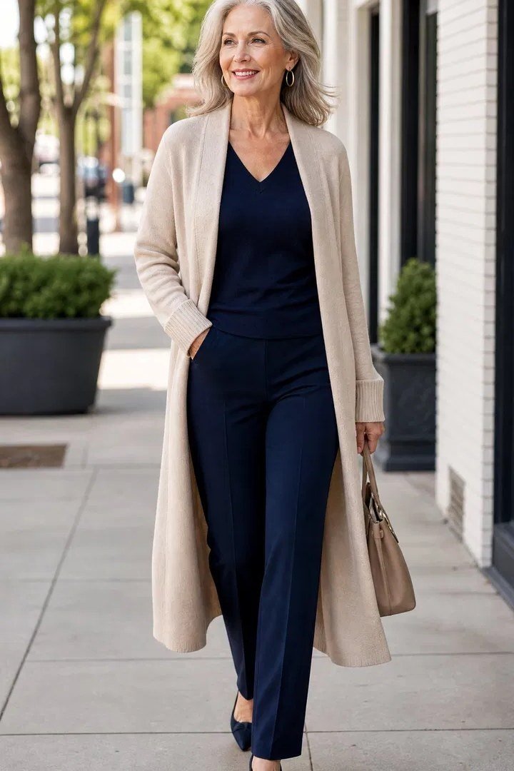 Beige Duster Cardigan with Navy Trousers - work outfit idea for women over 50