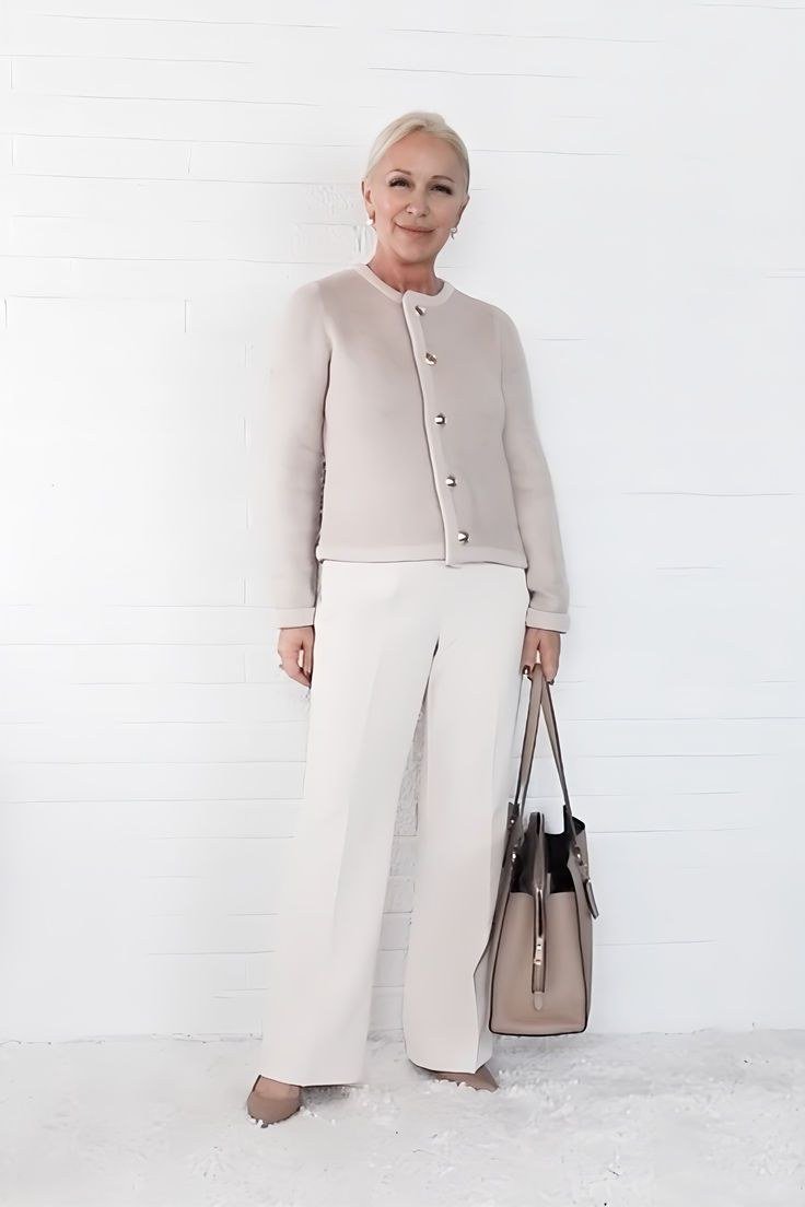 Cream Cardigan and Trouser Set with Taupe Bag - work outfit idea for women over 50
