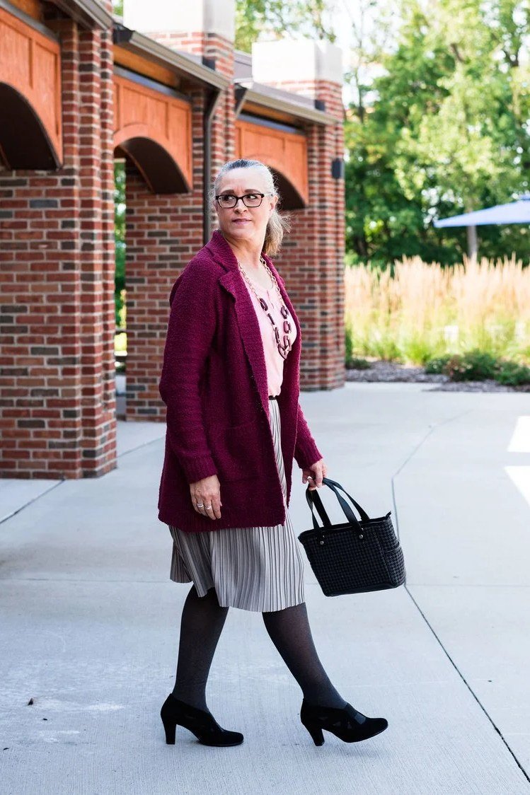 Burgundy Cardigan with Pleated Skirt - work outfit idea for women over 50