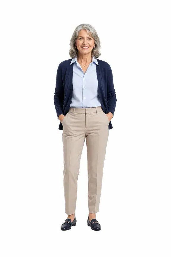 Navy Blazer with Chambray Shirt and Beige Trousers - work outfit idea for women over 50